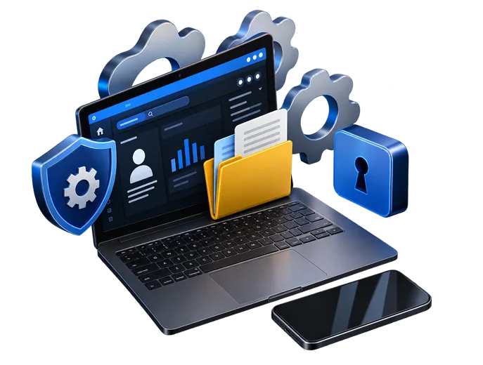 Realistic 3D illustration of a laptop with a digital dashboard, cybersecurity shield, padlock, gears, secure folder, and smartphone, representing digital security and data protection.